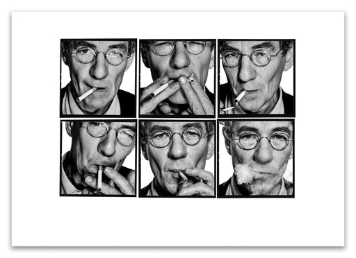 A2 Lightbox print of Sir Ian McKellen by Gavin Evans. Six B&W smoking portraits from 1996. Open edition with white border, Lightbox Collection.