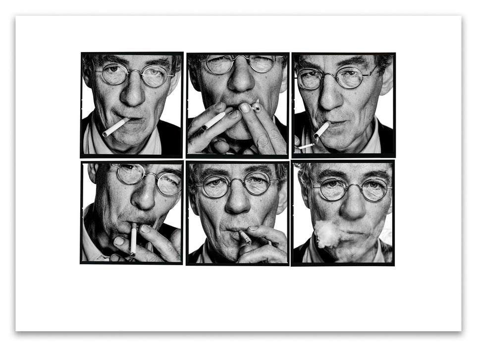 A2 Lightbox print of Sir Ian McKellen by Gavin Evans. Six B&W smoking portraits from 1996. Open edition with white border, Lightbox Collection.