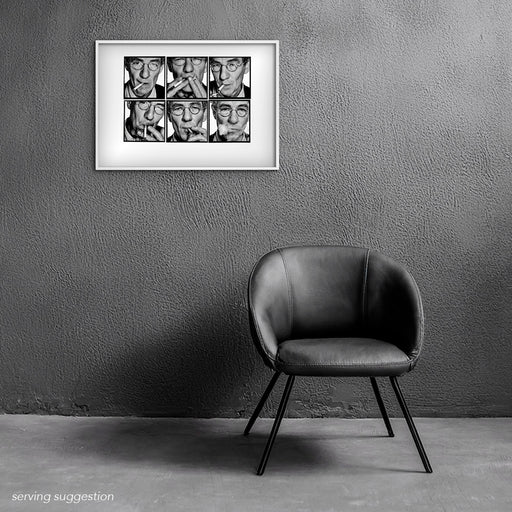 Framed A2 Lightbox of Sir Ian McKellen by Gavin Evans. 1996 B&W studio portraits. Displayed in monochrome room, Lightbox Collection.