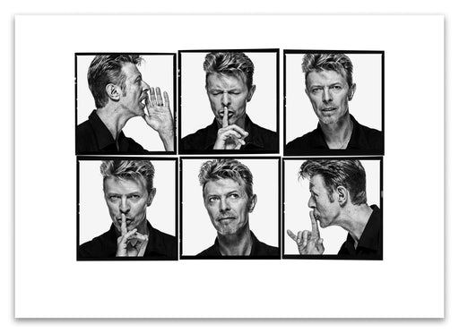 A2 Lightbox print of David Bowie by Gavin Evans. Six B&W portraits alternating between shushing and shouting. Open edition with white border, Lightbox Collection.