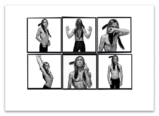 A2 Lightbox print of Iggy Pop by Gavin Evans. Six B&W studio portraits from 1996, styled with crow feathers. Open edition with white border, Lightbox Collection.
