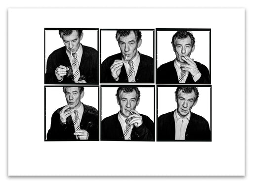 A2 Lightbox print of Sir Ian McKellen by Gavin Evans. Six B&W images showing cigarette lighting sequence, 1996. Open edition with white border, Lightbox Collection.