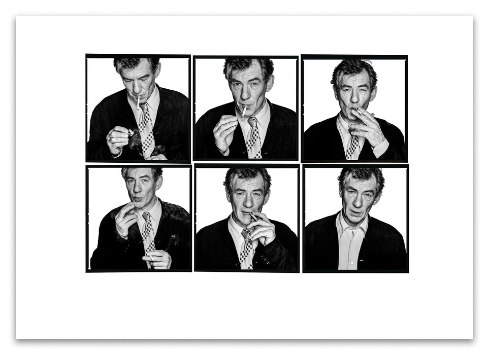 A2 Lightbox print of Sir Ian McKellen by Gavin Evans. Six B&W images showing cigarette lighting sequence, 1996. Open edition with white border, Lightbox Collection.