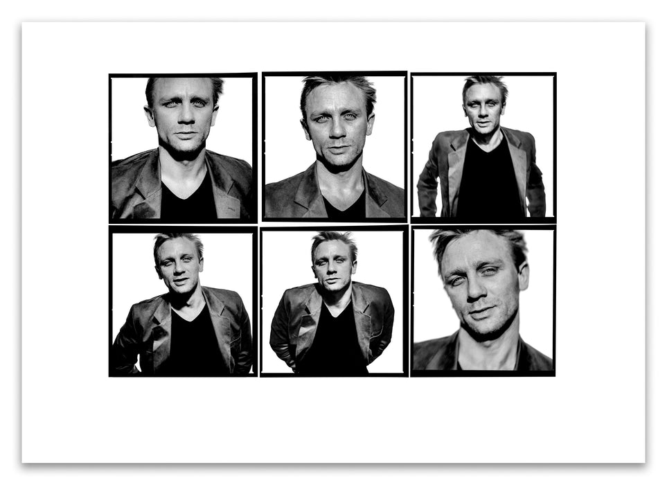 A2 Lightbox print of Daniel Craig by Gavin Evans. Six black and white studio portraits. Open edition with white border, Lightbox Collection.