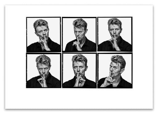 A2 Lightbox print of David Bowie by Gavin Evans. Six-frame B&W shushing sequence. Open edition with white border, The Lightbox Collection.