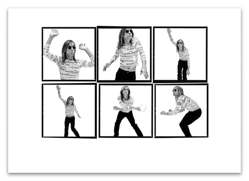 A2 Lightbox print of Iggy Pop by Gavin Evans. Six B&W studio portraits in motion, profanity-print shirt. Open edition with white border, Lightbox Collection.