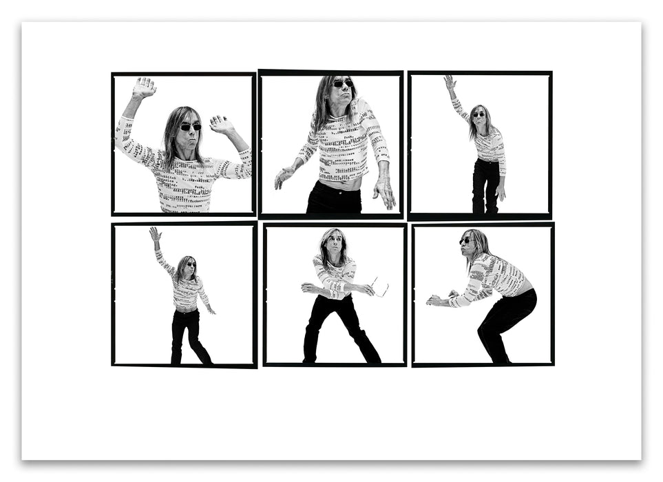 A2 Lightbox print of Iggy Pop by Gavin Evans. Six B&W studio portraits in motion, profanity-print shirt. Open edition with white border, Lightbox Collection.