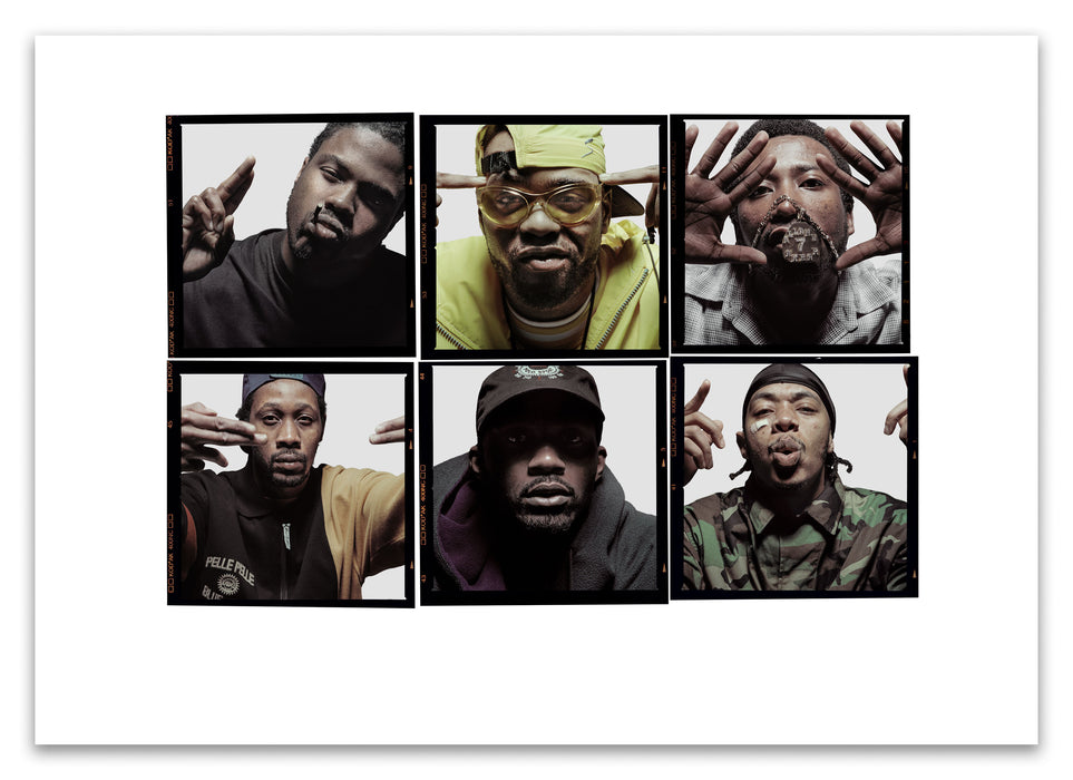 A2 Lightbox print of Wu-Tang Clan by Gavin Evans. Six close-up colour portraits against white background, 1997. Open edition with white border, Lightbox Collection.