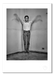 Black and white portrait of Nick Cave by Gavin Evans, 1989. Arms raised in bird-like motion, corner of tiled room. A3 giclée with white border, Nick Cave Collection.