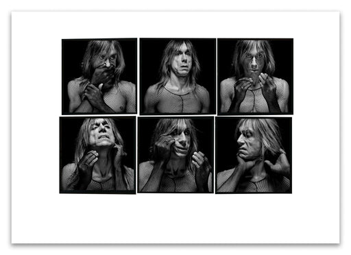 A2 Lightbox print of Iggy Pop by Gavin Evans. Six B&W portraits from 1996 with fishnet top and dark tone. Open edition with white border, Lightbox Collection.