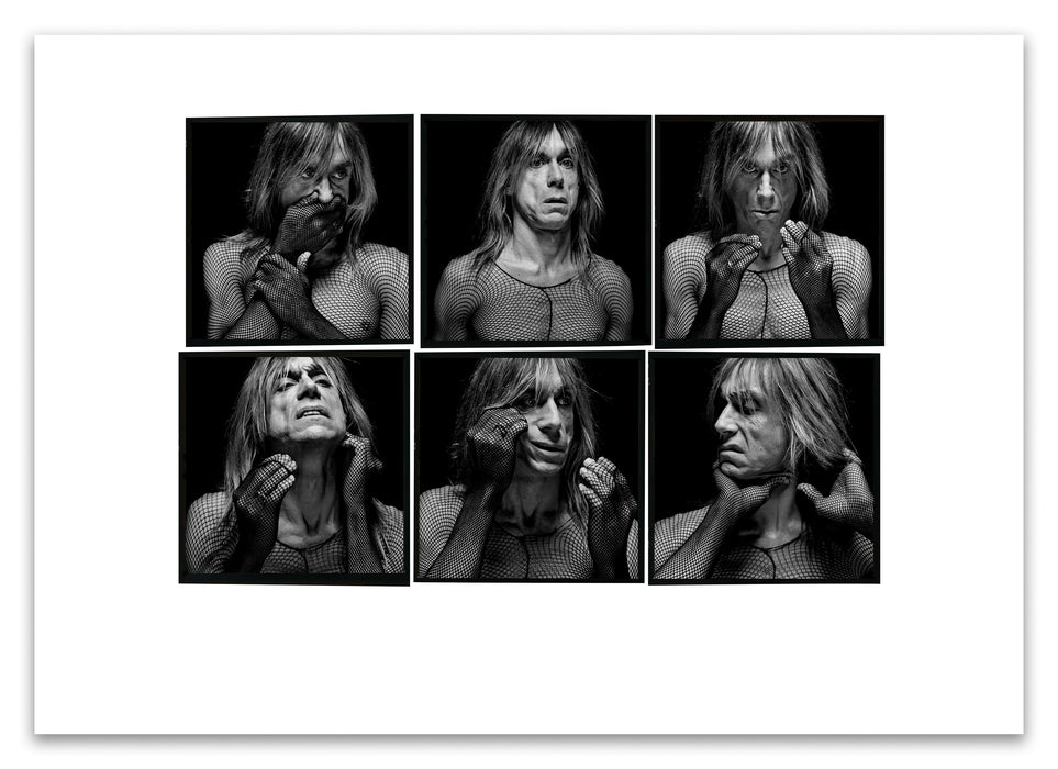 A2 Lightbox print of Iggy Pop by Gavin Evans. Six B&W portraits from 1996 with fishnet top and dark tone. Open edition with white border, Lightbox Collection.