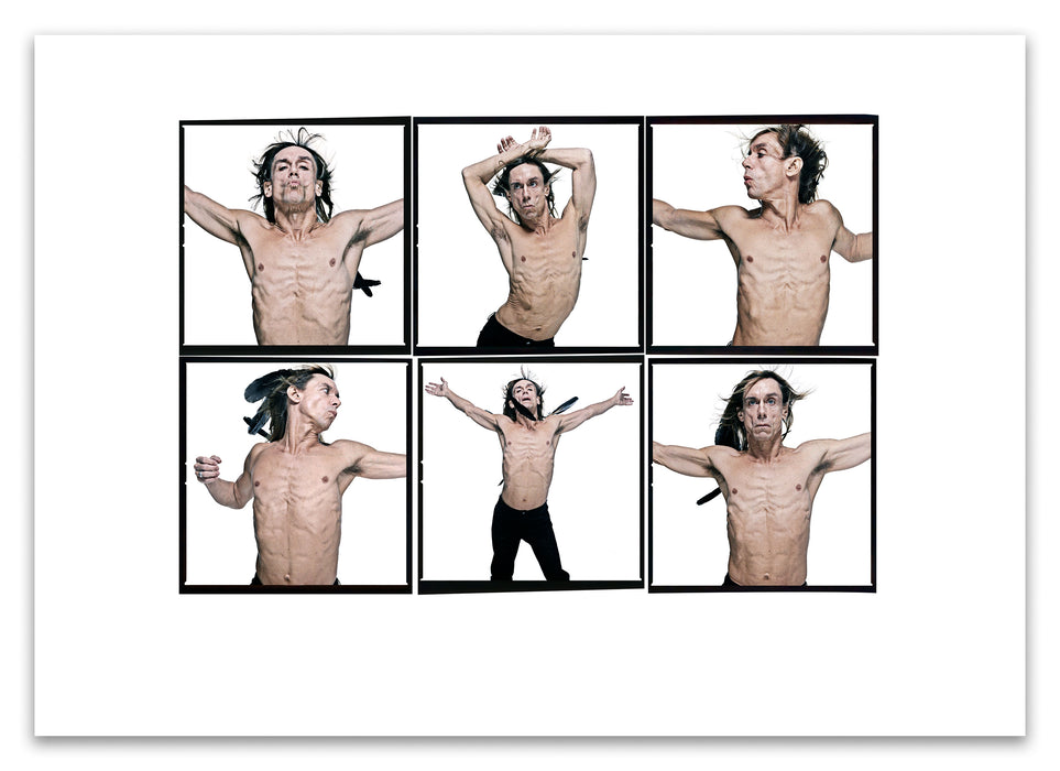 A2 Lightbox print of Iggy Pop by Gavin Evans. Six colour studio portraits, bare-chested with feathers, 1996. Open edition with white border, Lightbox Collection.