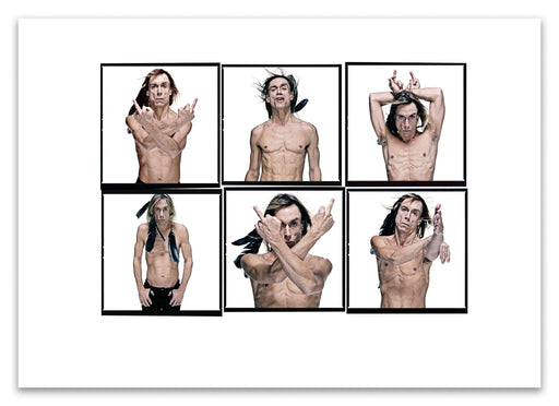 A2 Lightbox print of Iggy Pop by Gavin Evans. Six static colour portraits from 1996 with feather styling, bare-chested. Open edition with white border, Lightbox Collection.