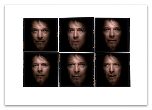 A2 Lightbox print of David Bowie by Gavin Evans. Six close-up colour frames looking back from the dark. Open edition with white border, Lightbox Collection.