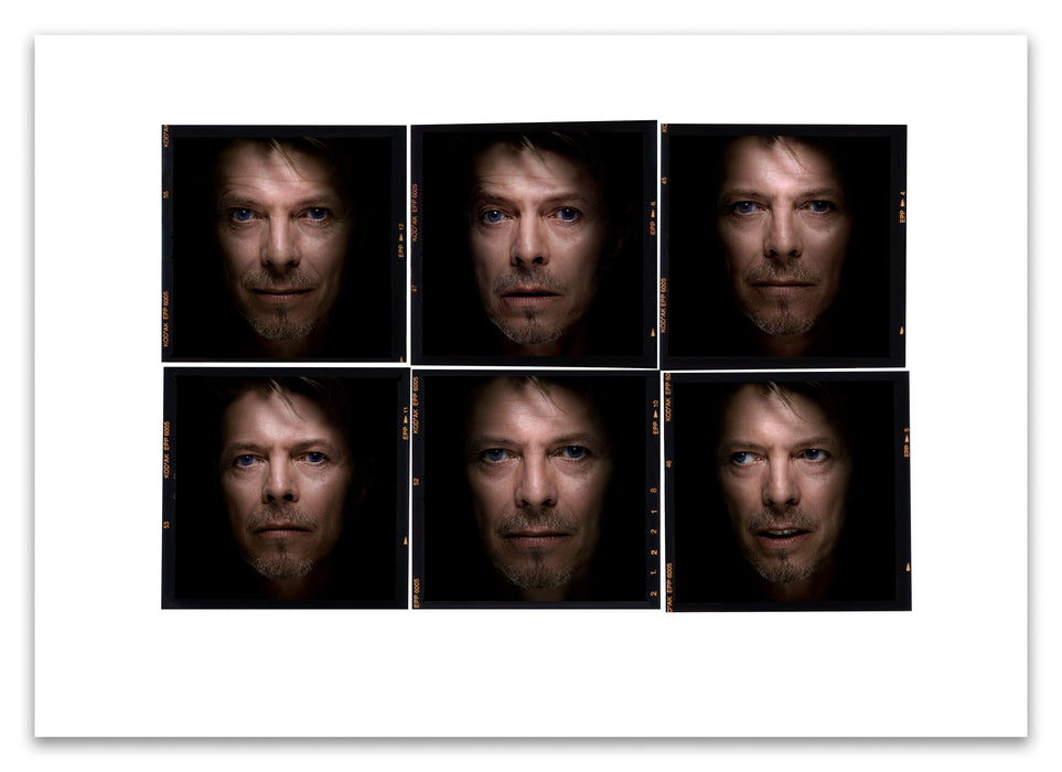 A2 Lightbox print of David Bowie by Gavin Evans. Six close-up colour frames looking back from the dark. Open edition with white border, Lightbox Collection.