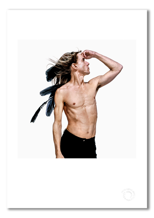 Colour portrait of Iggy Pop by Gavin Evans, 1996. Bare-chested with crow feathers on head. A3 giclée print with white border, Iggy Pop Collection.