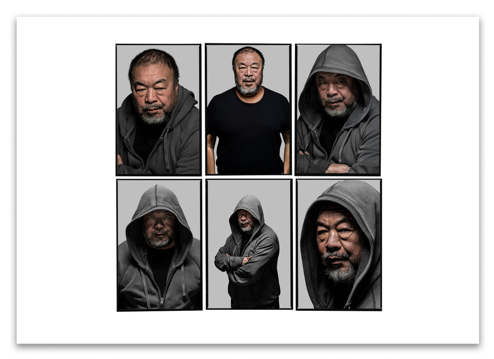 A2 Lightbox print of Ai Weiwei by Gavin Evans. Six colour portraits from Berlin 2018 against grey background. Open edition with white border, Lightbox Collection.