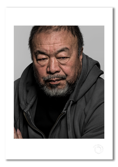 Close-up colour portrait of Ai Weiwei by Gavin Evans, 2018. Calm intensity. A3 giclée print with white border, Icons Collection.