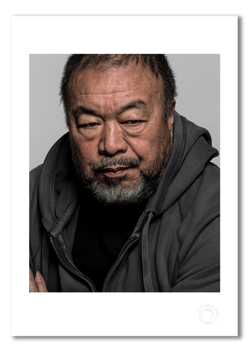 Close-up colour portrait of Ai Weiwei by Gavin Evans, 2018. Calm intensity. A3 giclée print with white border, Icons Collection.