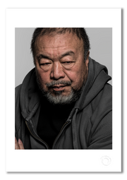 Ai Weiwei, colour close-up, grey background, Berlin exile period, Berlin 2018, by Gavin Evans — fine art photography print