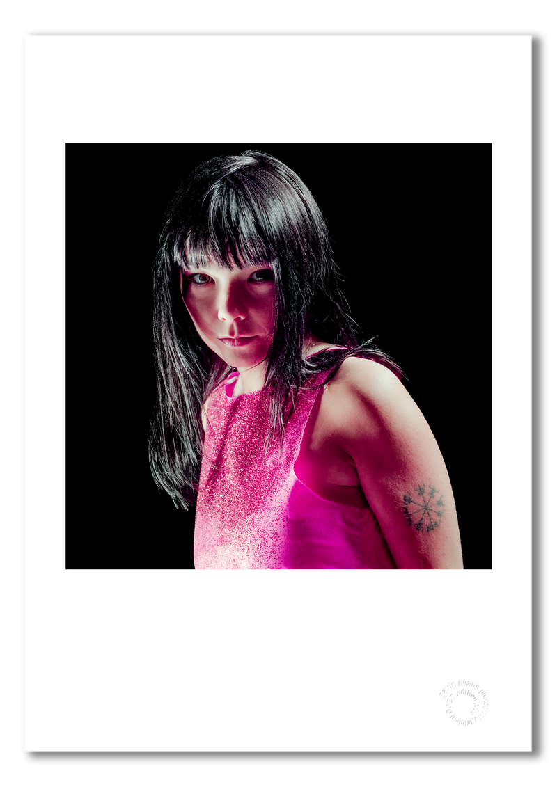 Björk, colour studio portrait, black background, London 1996, by Gavin Evans — fine art photography print