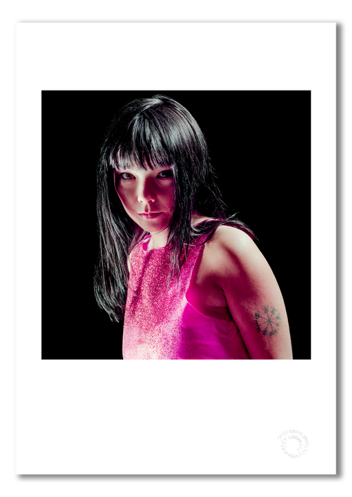 Björk, colour studio portrait, black background, London 1996, by Gavin Evans — fine art photography print