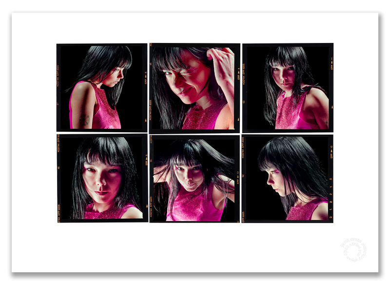 Björk Lightbox, six-frame black and white portraits, black background, London 1996, by Gavin Evans — A2 fine art photography print