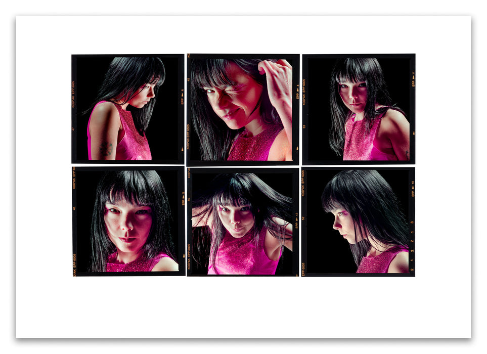 A2 Lightbox print of Björk by Gavin Evans, 1996. Six-frame colour sequence in pink dress. Open edition with white border, Lightbox Collection.
