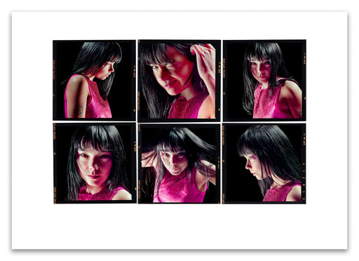 A2 Lightbox print of Björk by Gavin Evans, 1996. Six-frame colour sequence in pink dress. Open edition with white border, Lightbox Collection.