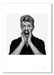 Black and white portrait of David Bowie by Gavin Evans, 1995. Hands cupped, shouting pose. A3 giclée print with white border, Bowie Collection.