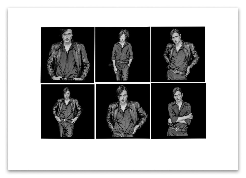 A2 Lightbox print of Brett Anderson by Gavin Evans. Black and white studio shoot, leather jacket, six frames. Open edition with white border, Lightbox Collection.