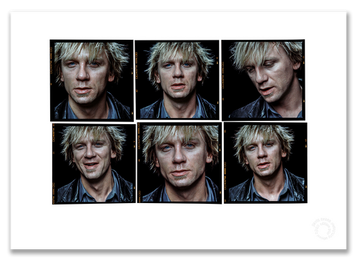 Daniel Craig Lightbox #1, six-frame colour portraits, black background, Time Out millennial issue, London 1999, by Gavin Evans — A2 fine art photography print