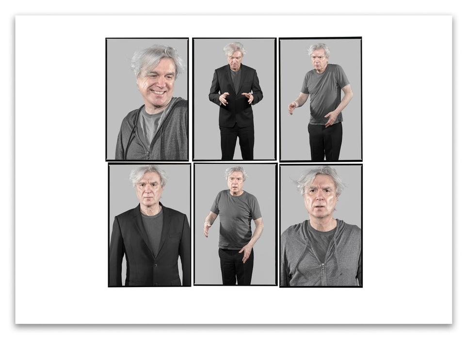 A2 Lightbox print of David Byrne by Gavin Evans. Six colour portraits with varying expressions. Open edition with white border, Lightbox Collection.