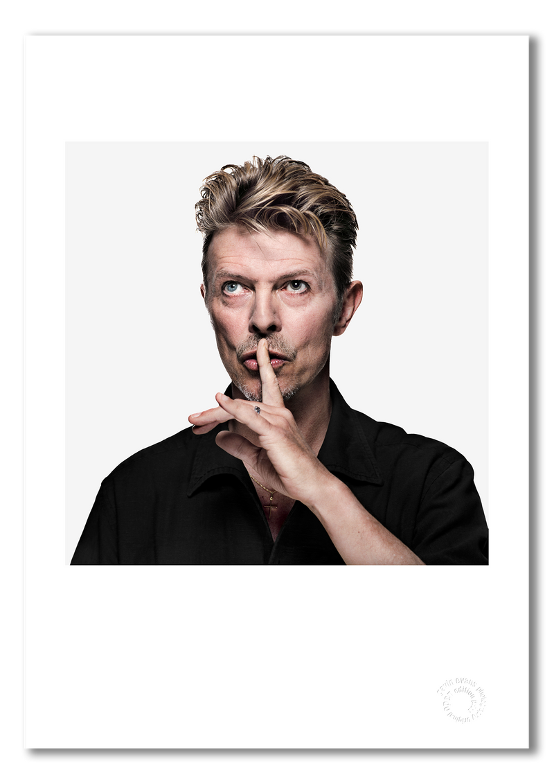 David Bowie #32, shushing, gaze averted, colour, white background, The Session London 1995, by Gavin Evans — fine art photography print