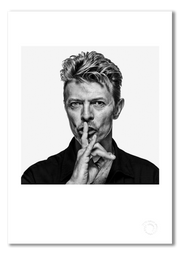 David Bowie #3, shushing to camera, black and white, The Session London 1995, by Gavin Evans — fine art photography print