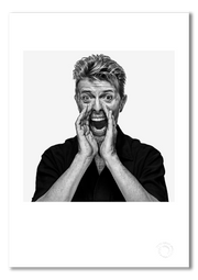 David Bowie #5, shouting at viewer, black and white, The Session London 1995, by Gavin Evans — fine art photography print