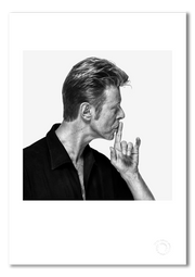 David Bowie #8, shushing profile, finger to lips, black and white, The Session London 1995, by Gavin Evans — fine art photography print