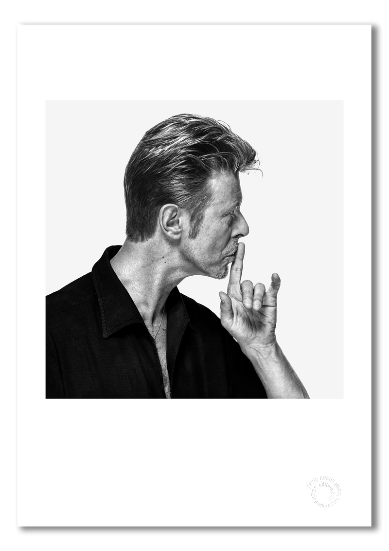 David Bowie #8, shushing profile, finger to lips, black and white, The Session London 1995, by Gavin Evans — fine art photography print