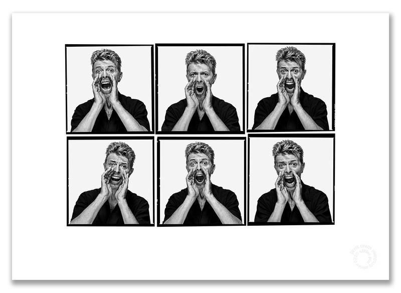 David Bowie Lightbox #3, all shouting, white background, black and white, The Session London 1995, by Gavin Evans — A2 fine art photography print