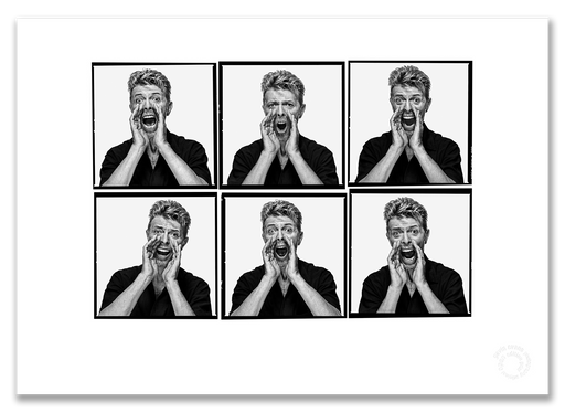David Bowie Lightbox #3, all shouting, white background, black and white, The Session London 1995, by Gavin Evans — A2 fine art photography print