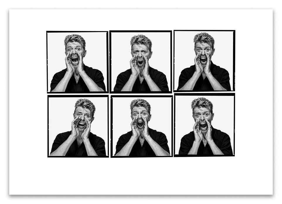 A2 Lightbox print of David Bowie shouting by Gavin Evans. Six black and white frames, open edition with white border. The Lightbox Collection.