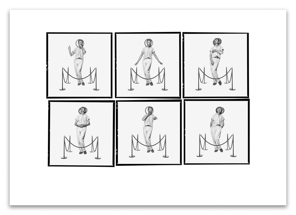 A2 Lightbox print of David Bowie by Gavin Evans. Six black and white frames parodying St. Peter with tray halo. Open edition with white border, Lightbox Collection.