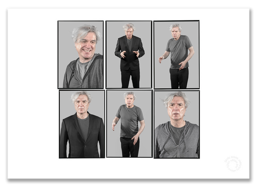 David Byrne Lightbox, Talking Heads, six-frame colour portraits, grey background, Berlin 2018, by Gavin Evans — A2 fine art photography print