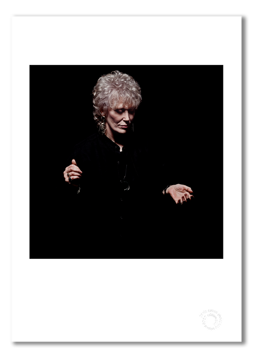 Product image of the Dusty Springfield A3 giclée print, presented with a white border on semi-matt archival cotton paper. Taken during her final studio session in 1995, this colour portrait is embossed for authenticity and part of the Icons Collection.