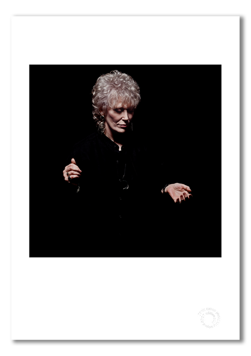 Product image of the Dusty Springfield A3 giclée print, presented with a white border on semi-matt archival cotton paper. Taken during her final studio session in 1995, this colour portrait is embossed for authenticity and part of the Icons Collection.