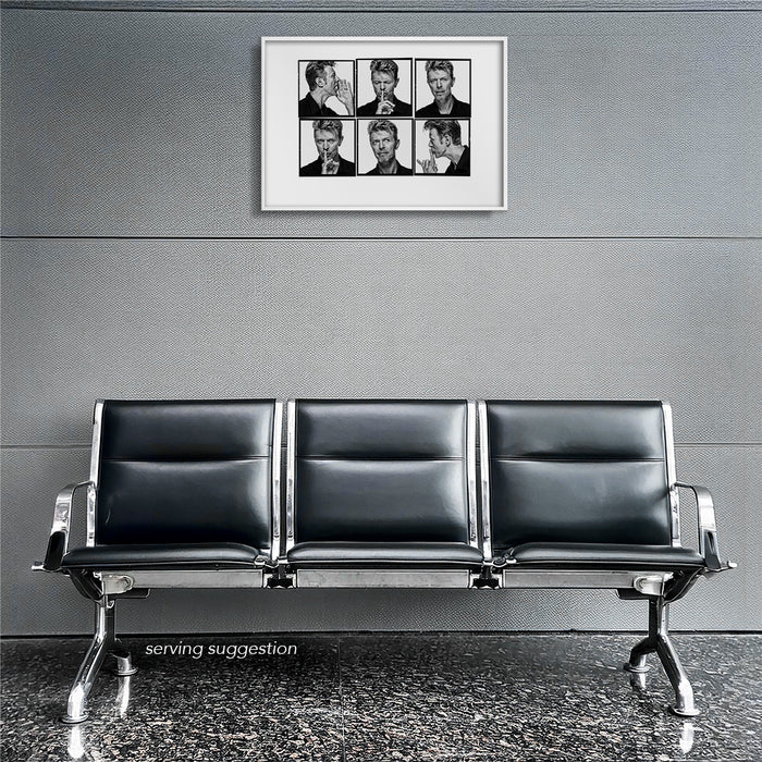 Framed A2 Lightbox of David Bowie by Gavin Evans. Shushing and shouting black and white sequence. Displayed in an airport waiting room, Lightbox Collection.