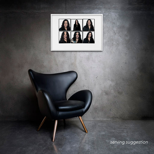 Framed A2 Lightbox of Ozzy Osbourne by Gavin Evans. Colour portraits from 2005 studio session. Displayed in monochrome room, Lightbox Collection.