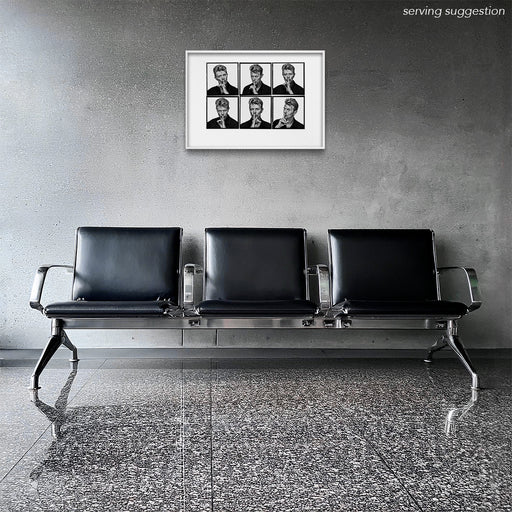 Framed A2 Lightbox of David Bowie by Gavin Evans. Shushing gesture across six black and white frames. Displayed in airport waiting lounge, Lightbox Collection.