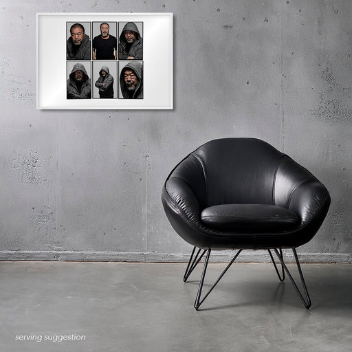 Framed A2 Lightbox of Ai Weiwei by Gavin Evans. Six-frame 2018 colour portrait sequence. Displayed in monochrome, concrete space, Lightbox Collection.