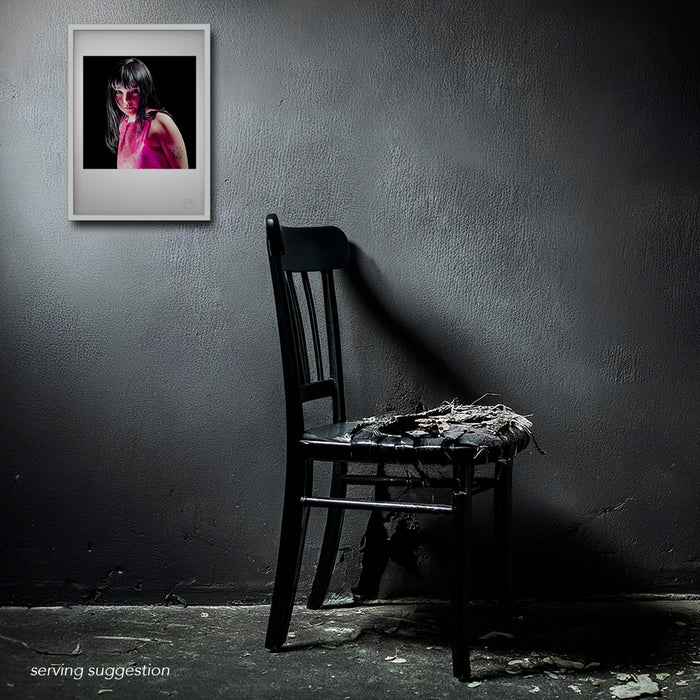 Framed display of the Björk A3 fine art print in a weathered room setting. The colour image’s delicate pose and deep black backdrop provide a gentle, introspective contrast to the raw, aged environment.